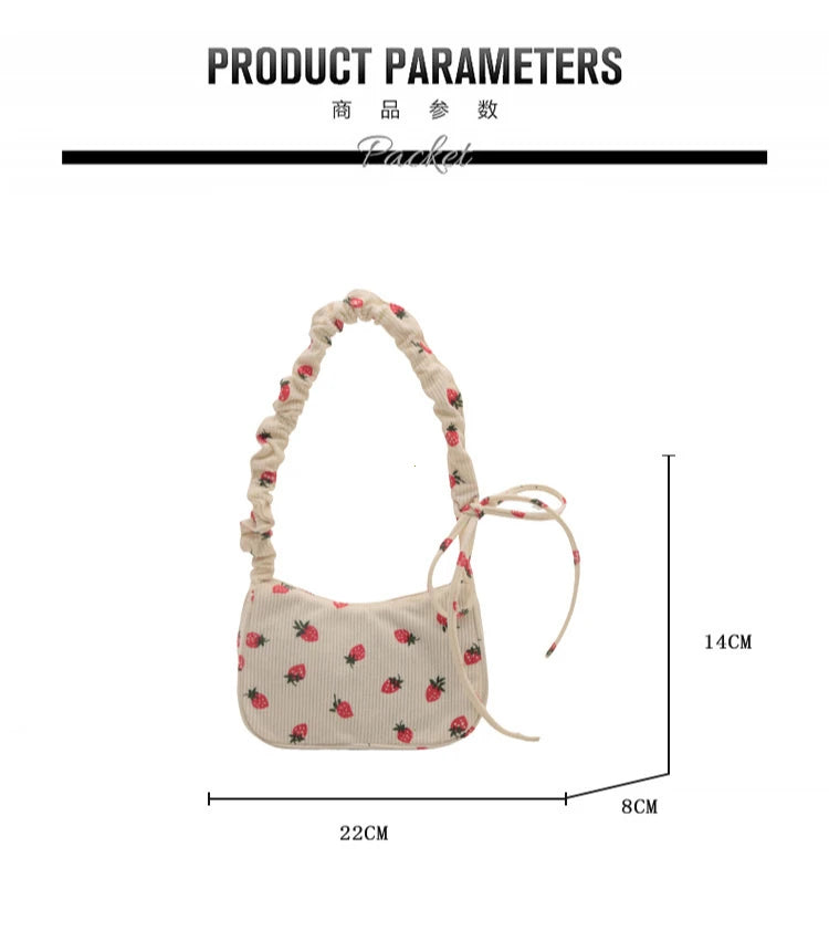 Corduroy Underarm Bag For Women Strawberry Print Mini Tote - Smarsty
