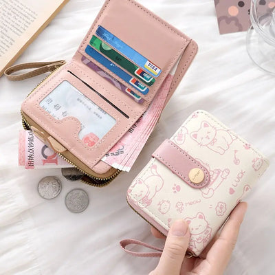 Cute Cat Coin Purse Women Fashion Short Wallet PU Leather Large Capacity Wallet Lightweight ID Card Holder Travel Cash Coin Bag - Smarsty