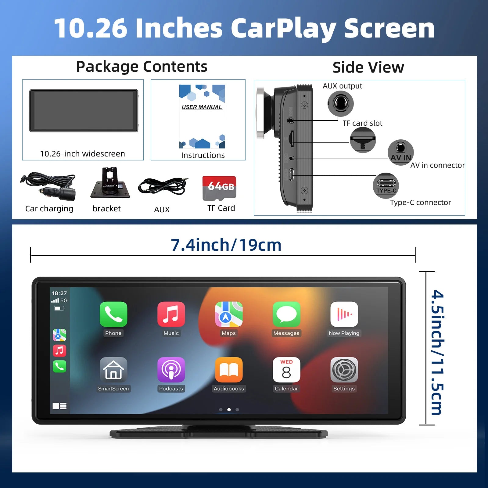 Portable Wireless Carplay Car Stereo, 10.26" inch HD Touchscreen for Car with CarPlay & Android Auto with Mirror Link/Backup Cam - Smarsty