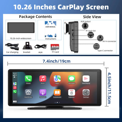 Portable Wireless Carplay Car Stereo, 10.26" inch HD Touchscreen for Car with CarPlay & Android Auto with Mirror Link/Backup Cam - Smarsty