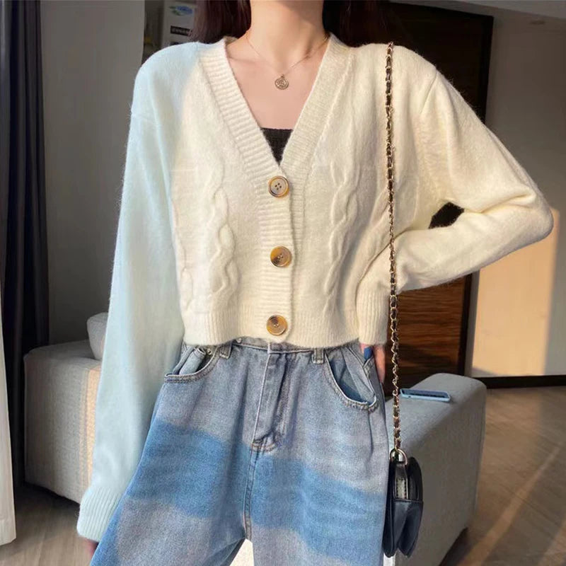 V Neck Cropped Cardigan Women Long Sleeve Twist Knitted Sweater Coats Autumn Winter Keep Warm Korean Fashion Jacket Cardigan - Smarsty
