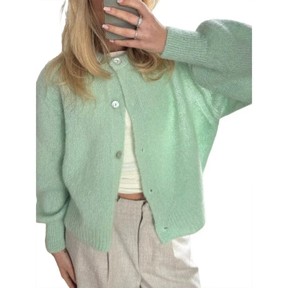 Women Solid Knitted Single Breasted Cardigan O-neck Long Sleeve Loose Soft Sweater 2024 Autumn Lady Knitwear ﻿ - Smarsty