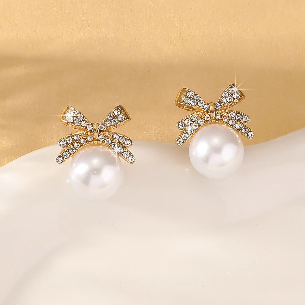 Elegant Pearl Bow Knot Diamond Stud Earrings for Women - Smarsty