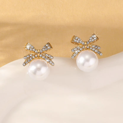 Elegant Pearl Bow Knot Diamond Stud Earrings for Women - Smarsty