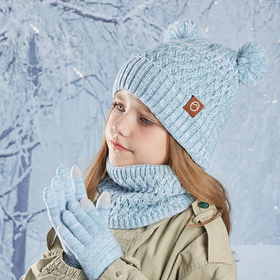 Winter Kids Hat Set Warm Beanie Scarf Gloves Pompom Fleece - Smarsty
