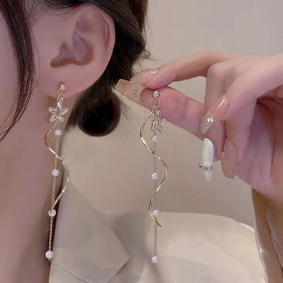 Korean Pearl Tassel Drop Earrings for Women with Zircon Detail - Smarsty