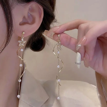 Korean Pearl Tassel Drop Earrings for Women with Zircon Detail - Smarsty