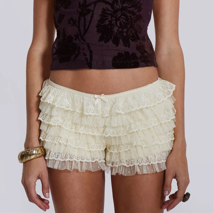 Women Mesh Lace Bloomer Shorts Y2k Layered Ruffle Frilly Booty Shorts Fairy Bowknot Sexy Boy Shorts Panties Party Clubwear - Smarsty