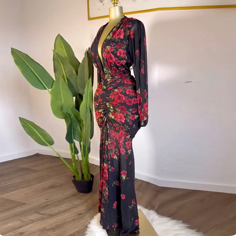 CM.YAYA Women Full Sleeve Floral Print V-neck Elegant Long Dress Ruched Holiday Birthday Evening Sexy Party Dresses Vestidos