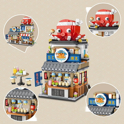 Street View Series Building blocks Izakaya Shaved Ice Shop Takoyaki Shop Coffee shop Panda Tea House model children's gift