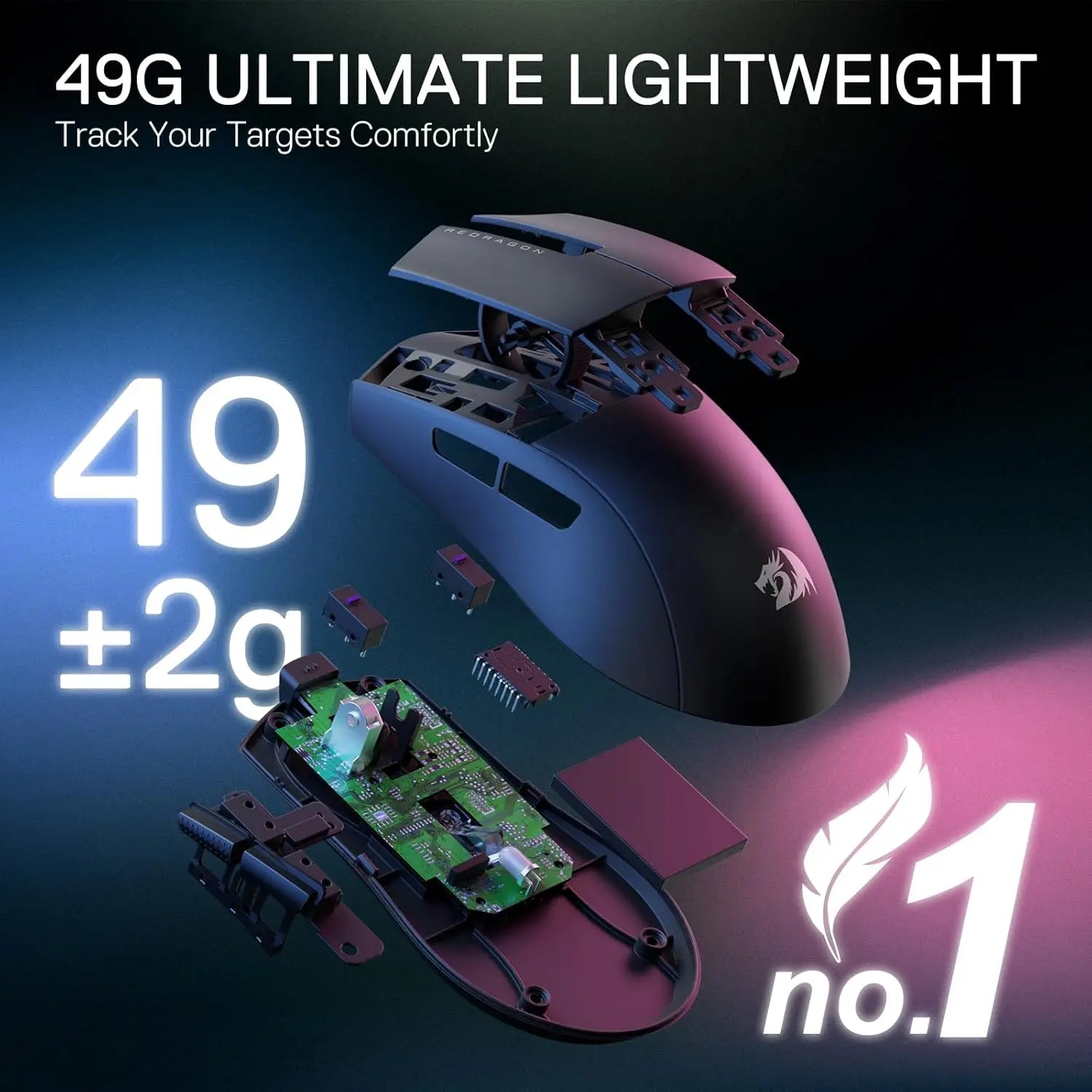 Redragon M916 LIT Wireless Gaming Mouse, 49G Ultra-Light 1K DPI Mouse w/Ergonomic Natural Grip Build