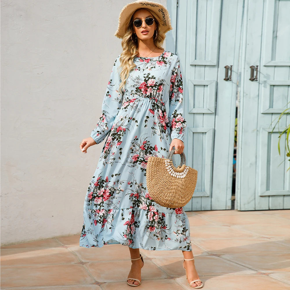 2023 Sping Summer Bohemian Women Maxi Dress Casual Long Sleeve High Waist Beach Woman Chiffon Dresses Floral Vestidoes Mujer New - Smarsty