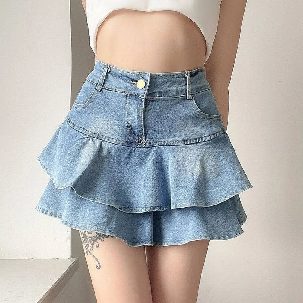 Vintage Denim Skirt Shorts Women Summer Korean Fashion High Waist A-line Wash Blue Slim Cute Sexy Mini Jeans Ruffle Skirt Female - Smarsty