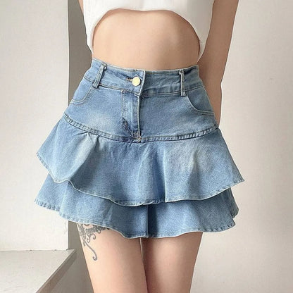 Vintage Denim Skirt Shorts Women Summer Korean Fashion High Waist A-line Wash Blue Slim Cute Sexy Mini Jeans Ruffle Skirt Female - Smarsty