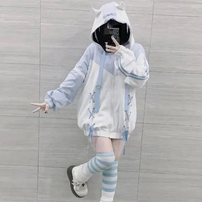 Girls Stitch Woman Clothing Subculture Japanese Hoodie Blue White Autumn Woman Sweatshirts Zipper Winter y2k Clothes Hoodies - Smarsty
