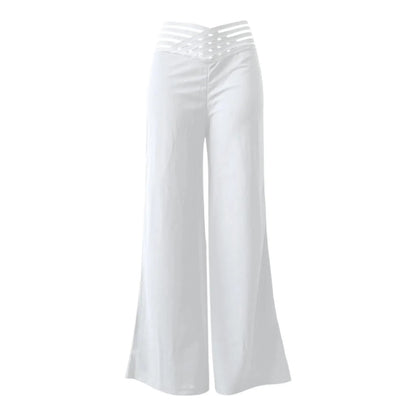 Women Wide Leg Flared Pants Autumn Casual Crisscross Sheer Mesh Patch High Waist Trousers Y2k Streetwear Elegant Work Pant - Smarsty