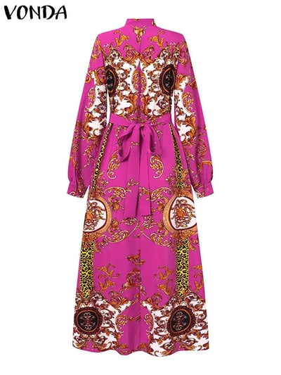 VONDA Maxi Dress 2024 Summer Women Bohemian Printed Party Sundress Long Sleeve Stand Collar Casual Robe Holiday Vestidos Belted - Smarsty