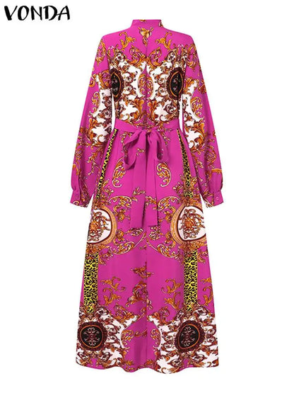 VONDA Maxi Dress 2024 Summer Women Bohemian Printed Party Sundress Long Sleeve Stand Collar Casual Robe Holiday Vestidos Belted - Smarsty