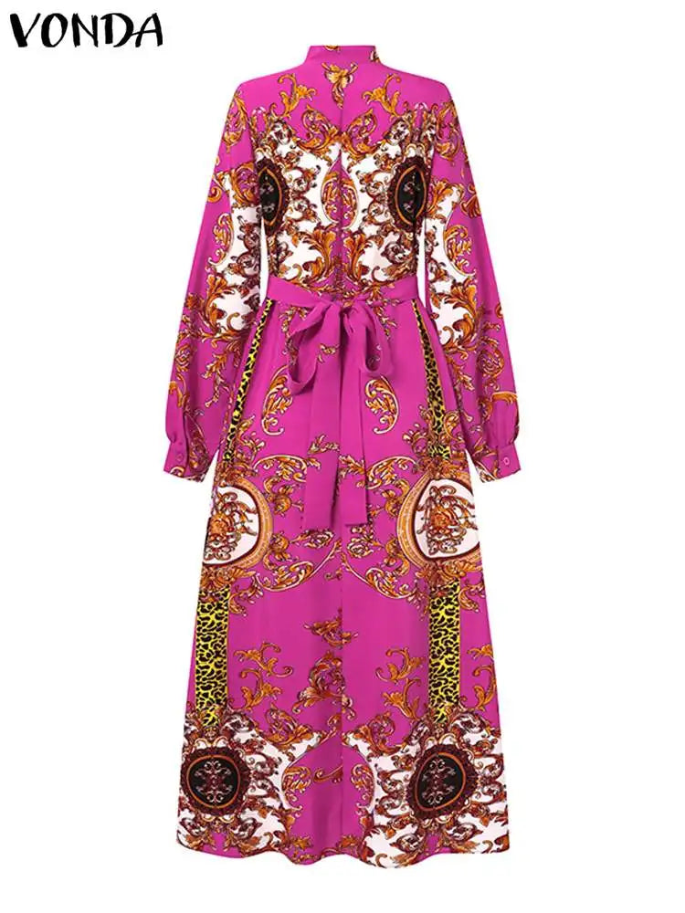 VONDA Maxi Dress 2024 Summer Women Bohemian Printed Party Sundress Long Sleeve Stand Collar Casual Robe Holiday Vestidos Belted - Smarsty