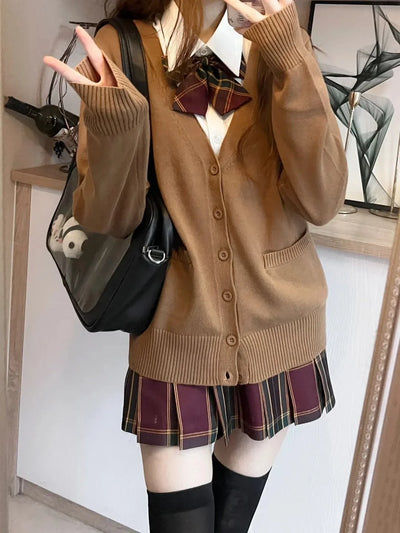 Japanese fashion solid color V-neck knitted sweater,original newJK uniform cardigan top,autumn and winter women's cotton sweater - Smarsty