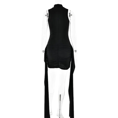 Mozision Turtleneck Sleeveless Sexy Mini Dress For Women Fashion Irregular Ruched Tank Dress Femme Elegant Club Party Dress - Smarsty