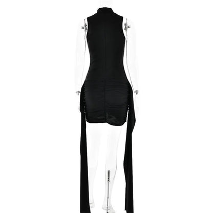 Mozision Turtleneck Sleeveless Sexy Mini Dress For Women Fashion Irregular Ruched Tank Dress Femme Elegant Club Party Dress - Smarsty