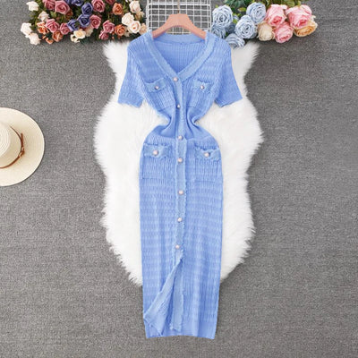 YuooMuoo 2025 New Arrival Women Knitted Long Dress Elegant V-neck Single-breasted Split Sweater Dress Office Lady Vestidos - Smarsty