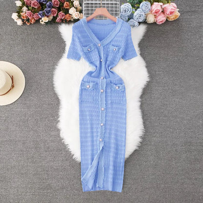 YuooMuoo 2025 New Arrival Women Knitted Long Dress Elegant V-neck Single-breasted Split Sweater Dress Office Lady Vestidos