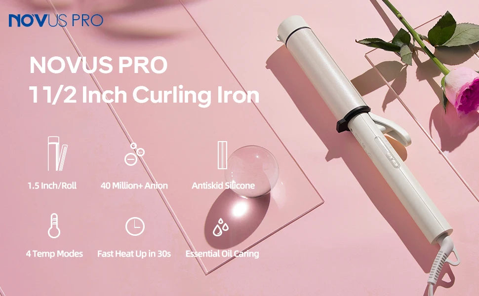 1.5 Inch Extra Large Curling Wand for Long Hair - Ceramic Tourmaline Barrel with 40000000 Negative Ions, 2 Clips - Smarsty
