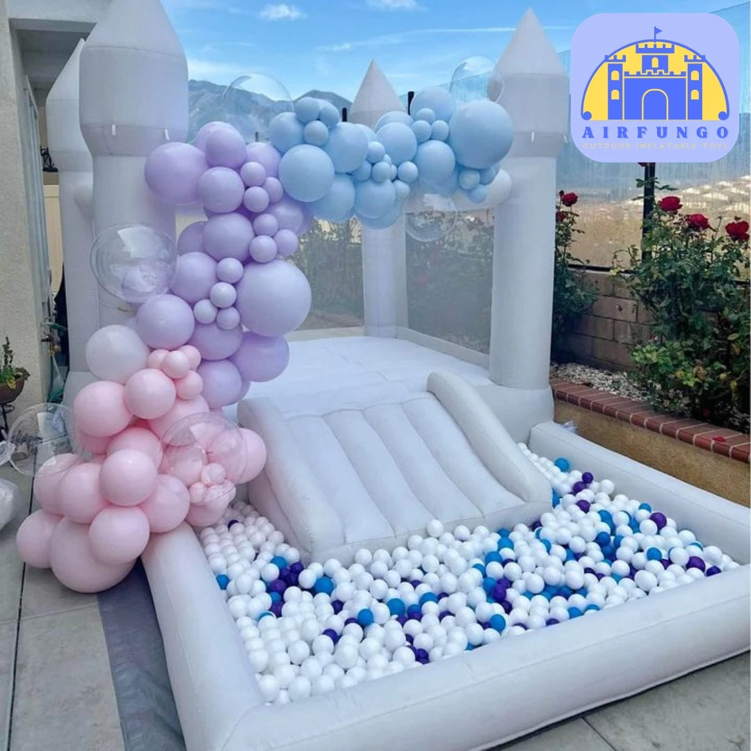 Kids 8x13x8ft Soft Play White Bounce House With Slide Ball Pit Party Customization Inflatable Mini Bouncy Castle With Blower