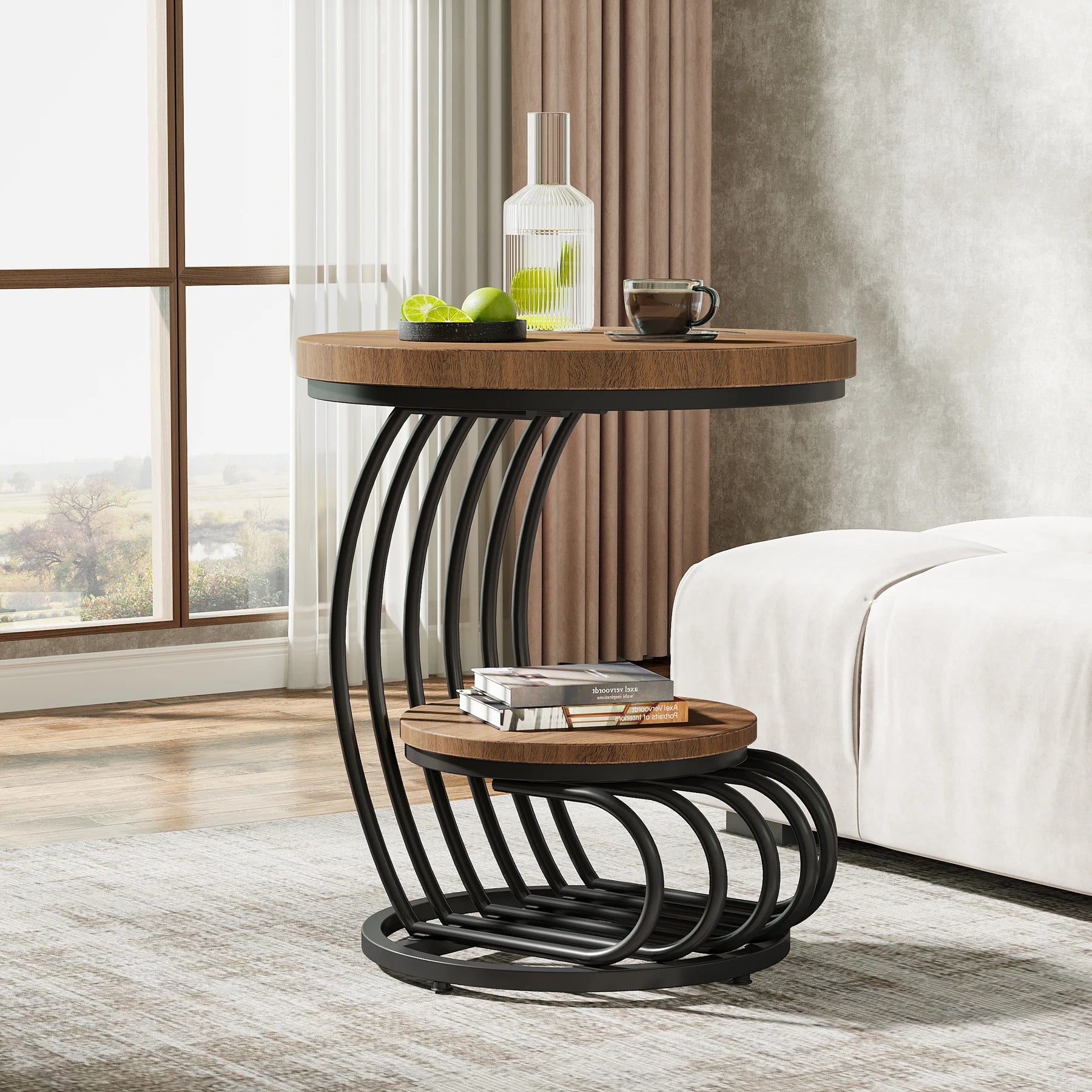 Tribesigns Gold Round End Table: 2 Tiers Faux Marble Side Table with Storage Shelf, Modern White Gold Bedside Nightstand