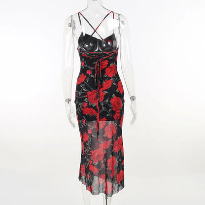 Flowers Print Spaghetti Strap Dresses Women Temperament Package Hip Bodycon Long Dress Fashion Sexy Backless Lady Slim Vestidos