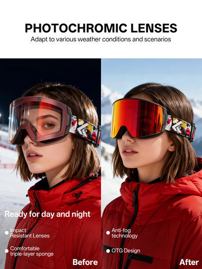 Kapvoe Photochromic Ski Goggles Magnetic Anti-Fog Lenses UV400 Protection Men Women Ski Goggles Snow Sunglasses Sports Eyewear