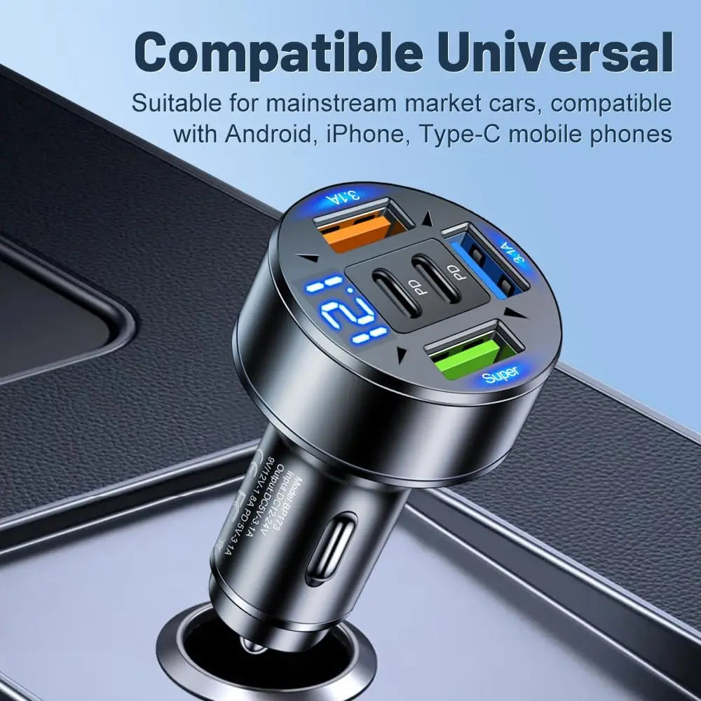 250W 5-in-1 PD QC3.0 Car Charger Fast Charging USB C for IPhone,Samsung Galaxy, IPad Pro, Multi-Port Cigarette Lighter Adapter - Smarsty