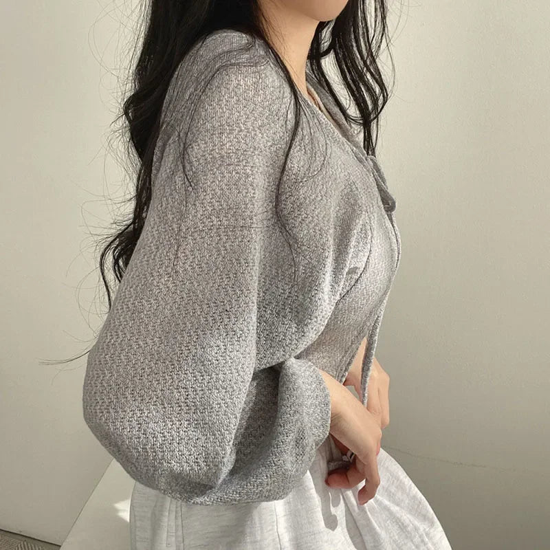 White Knitted Cardigan for Women Summer Thin Sunscreen Lace-Up Knitwear Tops Female Fashion Korean Lantern Sleeve Short Coat - Smarsty