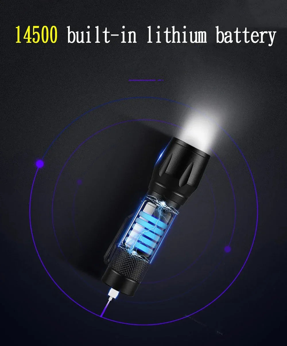 Mini LED Flashlight COB+XPE Portable Torch USB Charging Camping Lantern Zoomable Focus Light Tactical Flashlight with Pen Clip - Smarsty