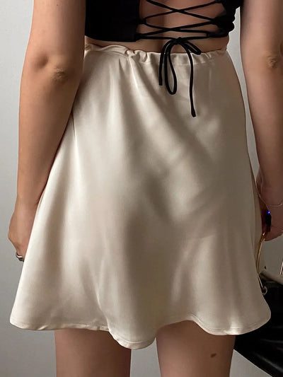 Satin Mini Skirts Women Summer Beige Silk Short Skirt For Woman Drawstring High Waist Black Satin Skirt A Line Women Short 2025 - Smarsty