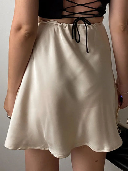 Satin Mini Skirts Women Summer Beige Silk Short Skirt For Woman Drawstring High Waist Black Satin Skirt A Line Women Short 2025 - Smarsty