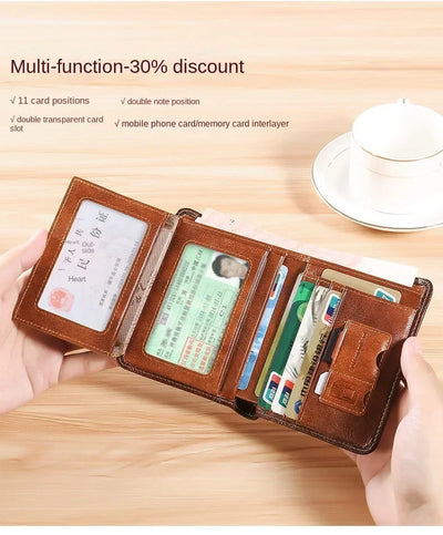 Men Wallet Genuine Leather Rfid Blocking Trifold Wallet Vintage Thin Short Multi Function ID Credit Card Holder Male Purse Money - Smarsty