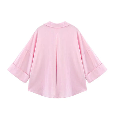 HipSeam Wide Sleeved Shirt Women Spring Asymmetric Hem Button Women's Shirts Simple Lady Johnny Collar Linen Shirts & Blouses - Smarsty
