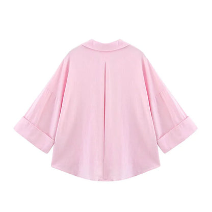 HipSeam Wide Sleeved Shirt Women Spring Asymmetric Hem Button Women's Shirts Simple Lady Johnny Collar Linen Shirts & Blouses - Smarsty