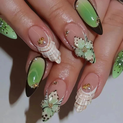 Colorful Press On Almond Nails Set with Pearl Flowers - Smarsty