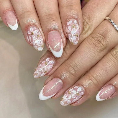 24Pcs Pink Almond False Nails with French Design - Smarsty