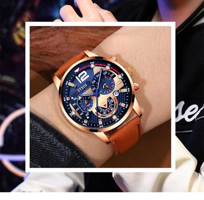 Luxury Men's Quartz Watch Set with Brown Leather Band - Smarsty