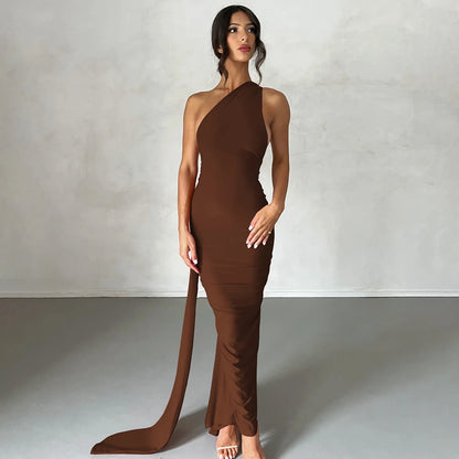 Hugcitar One Shoulder Backless Adjustable Scarf Loop Ruched Sexy Maxi Dress Women Elegant Y2K Streetwear Festival Outfit - Smarsty