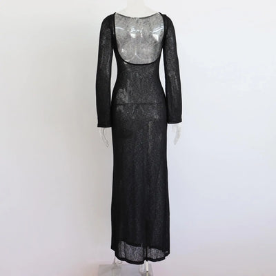 White Backless See-through Long Dress Women's Summer Slim High Waist Spliced Long Sleeve Solid Color Beach Long Dress - Smarsty