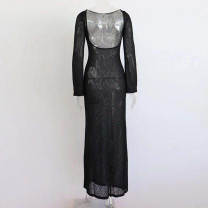 White Backless See-through Long Dress Women's Summer Slim High Waist Spliced Long Sleeve Solid Color Beach Long Dress - Smarsty