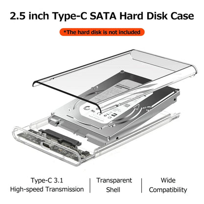 Transparent HDD Case HDD Enclosure 2.5 Inch SSD SATA To USB Type-C Adapter Portable External Hard Drive Box Tool-Free