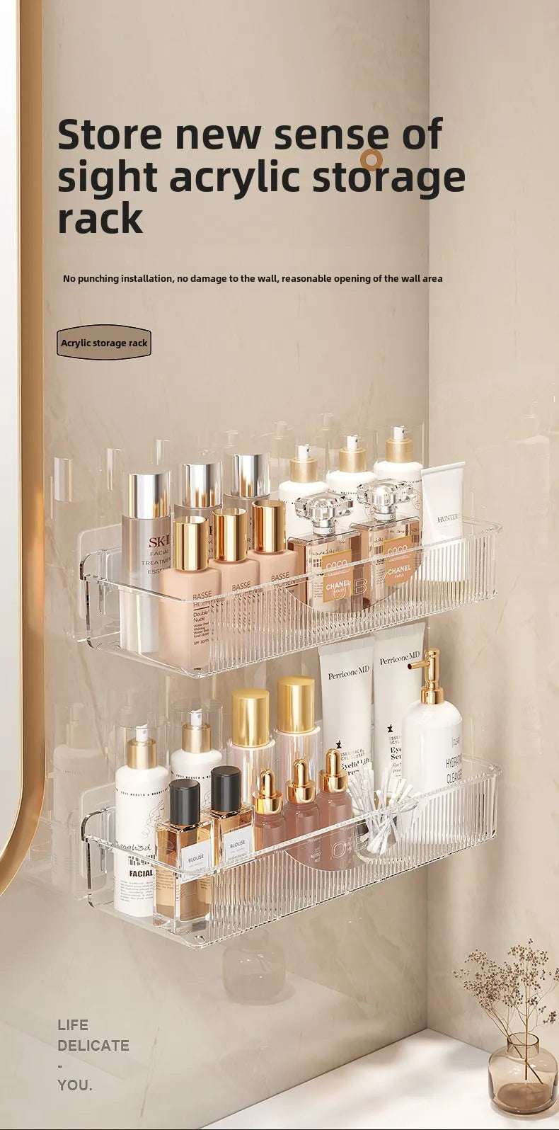 Wall mounted cosmetic and skincare storage rack for bathroom no need for drilling Multi functional kitchebathroom storage rackra by Smarsty