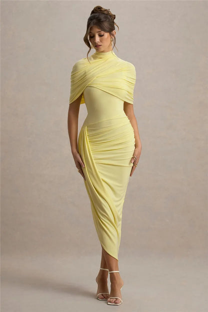 Mozision Half Sleeve Backless Ruched Sexy Maxi Dress Women Summer New Turtleneck Slim High Waist Evening Club Party Long Dress